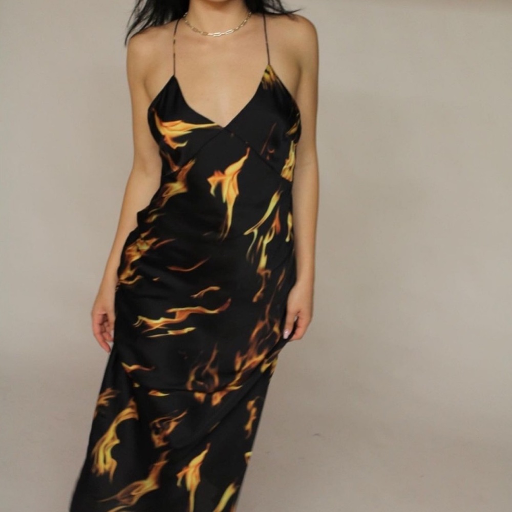 Priscavera flame print silk midi dress